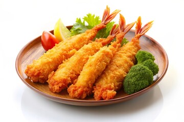 Crispy Tempura Shrimp with Lemon and Broccoli - A plate of golden-brown tempura shrimp, served with a lemon wedge, broccoli, and a red tomato, symbolizing deliciousness, freshness, Japanese cuisine, a