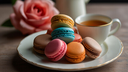 Obraz premium A Close-up Of Colorful French Macarons Arranged Neatly On A Delicate Plate, With A Cup Of Tea Beside Them, Food Image