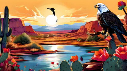 create an illustration depicting a vibrant scene in the American west