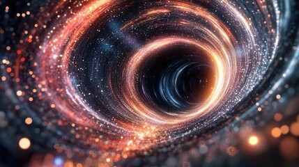 Obraz premium Space-time continuum concept with abstract lines stretching into a vanishing point, surrounded by glowing particles.