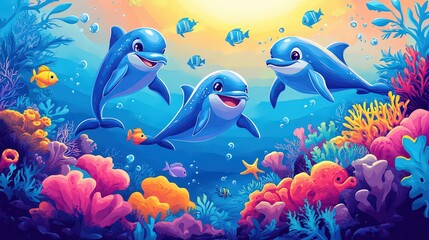  Three playful dolphins swim in a vibrant coral reef.