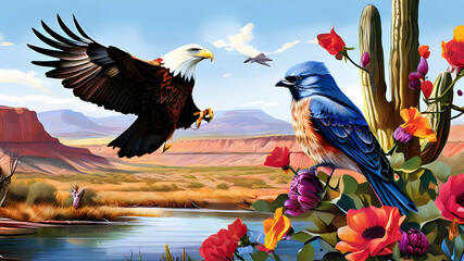 create an illustration depicting a vibrant scene in the American west