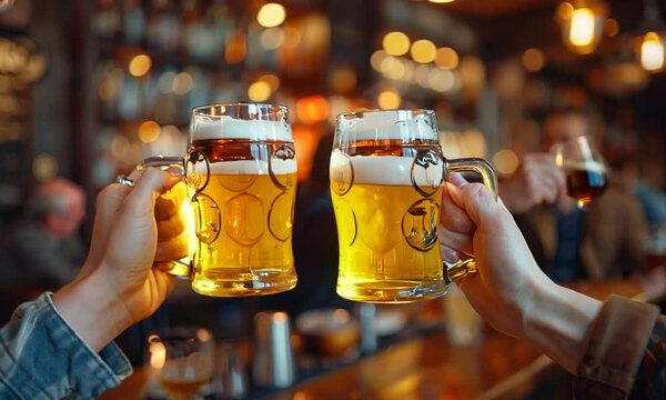 Two hands clinking beer mugs in a pub with a blurred background