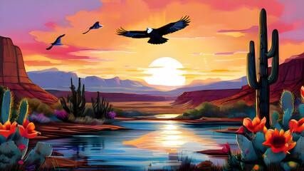 create an illustration depicting a vibrant scene in the American west
