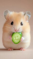 A hamster is holding a cucumber in its mouth