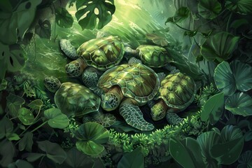 group of turtles laying on top of each other, family of turtles napping together