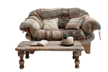 a Boho style cozy armchair and coffee table set against a Transparent background