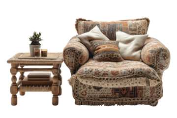a Boho style cozy armchair and coffee table set against a Transparent background