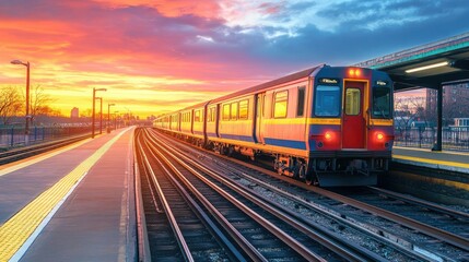 Fototapeta premium A colorful commuter train arriving at a station, bathed in the warm glow of sunrise.