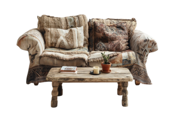 a Boho style cozy armchair and coffee table set against a Transparent background