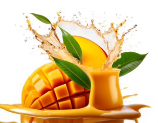 Fresh mango, sliced on PNG with liquid and leaves splattering