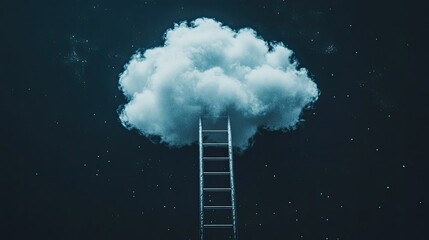 Fototapeta premium A conceptual image of a ladder extending upwards to a fluffy cotton cloud on a dark background.