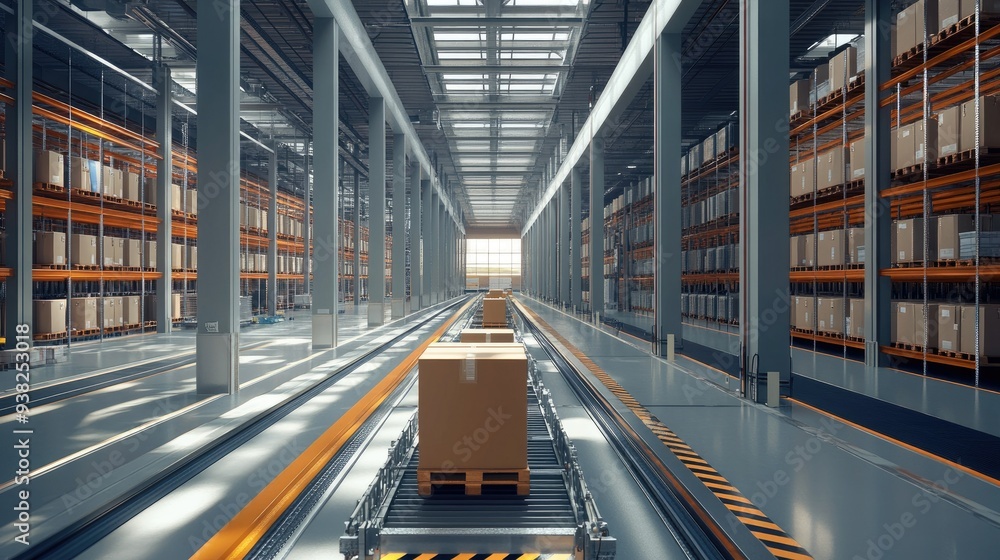 Poster a cutting-edge warehouse with automation in action, transporting packages with precision.