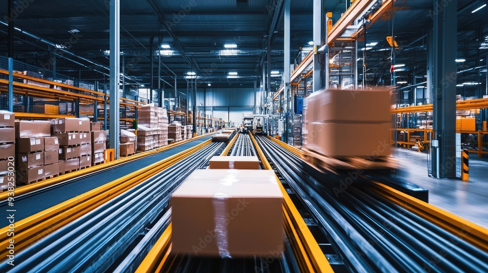 Poster a cutting-edge warehouse with automation in action, transporting packages with precision.
