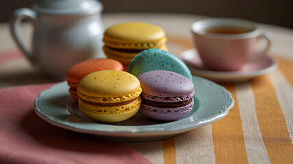 Obraz premium A Close-up Of Colorful French Macarons Arranged Neatly On A Delicate Plate, With A Cup Of Tea Beside Them, Food Image