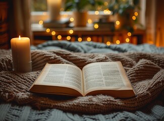 An open book on the bed, with warm tones and soft lighting creating an inviting atmosphere for reading. 