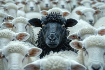black sheep in the middle of white sheeps, surrounded by many white sheep 