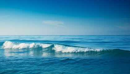 Fototapeta premium The ocean is calm and blue, with a gentle wave rolling in