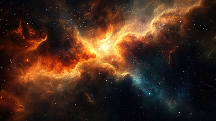 Naklejka premium Abstract galactic textures featuring a mix of nebulous clouds and bright celestial formations in a dark, dramatic setting.