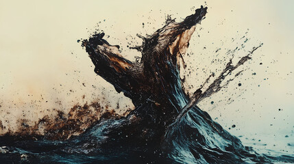 Fototapeta premium A giant water elemental, dark brown and black, made of splashing, wavy black liquid, bursts out from the ocean