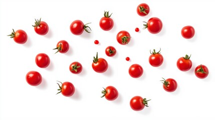 Scattered red cherry tomatoes on a white background, viewed from above.