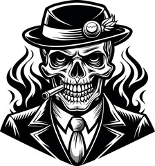 A black and white drawing of a skull with a black outline