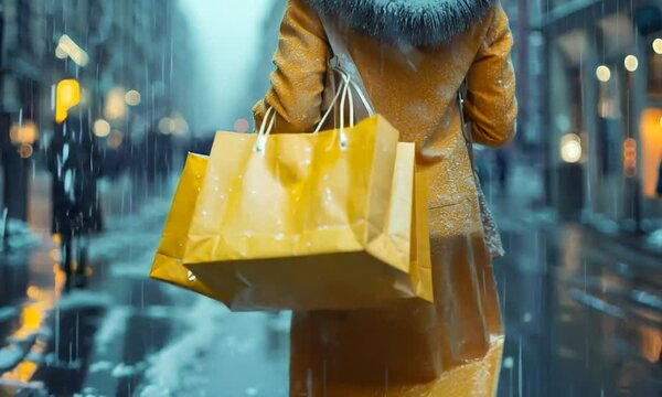 Woman in a yellow coat walking down a snowy street with shopping bags
