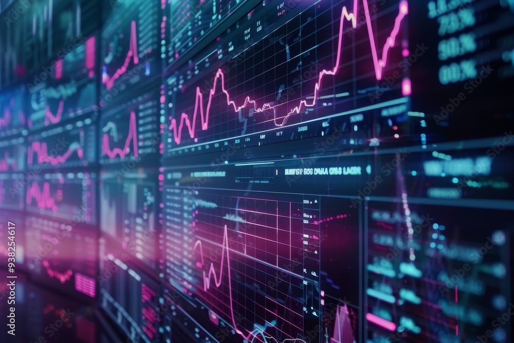 Poster computer screen with many different screens, futuristic digital display showing financial datand gra