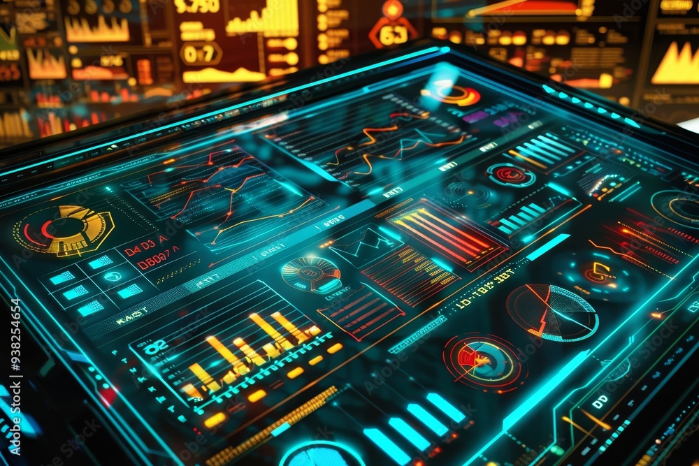Poster computer screen with many different screens, futuristic digital display showing financial datand gra