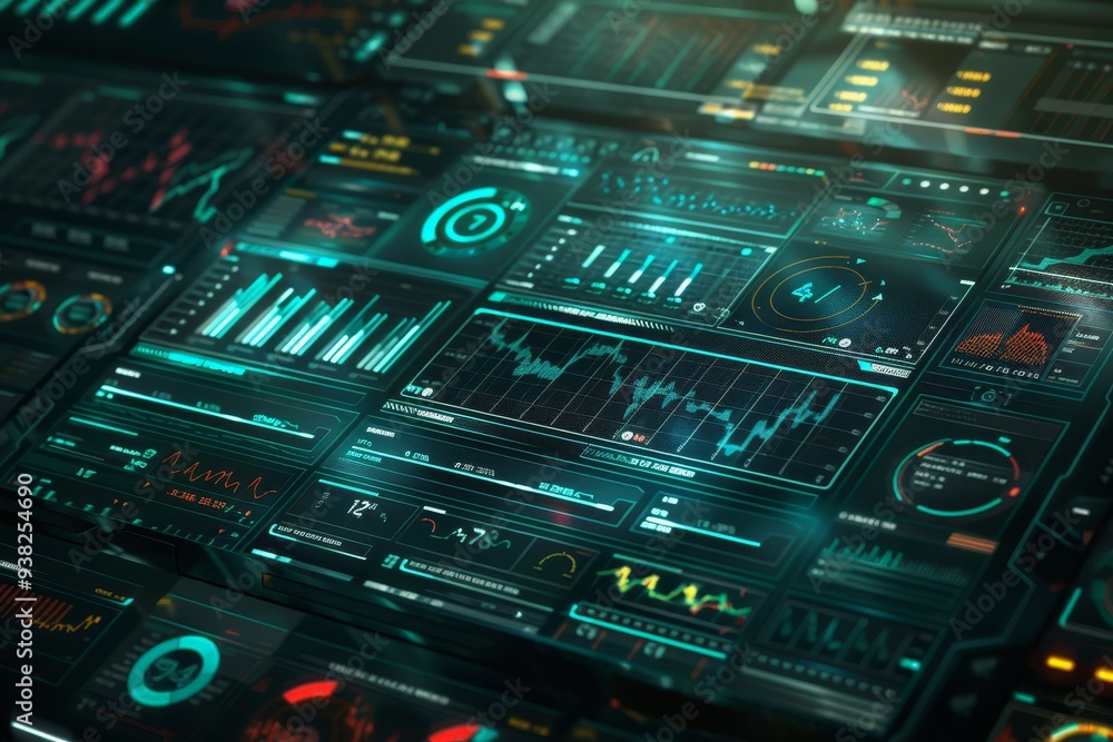 Poster computer screen with many different screens, futuristic digital display showing financial datand graphs