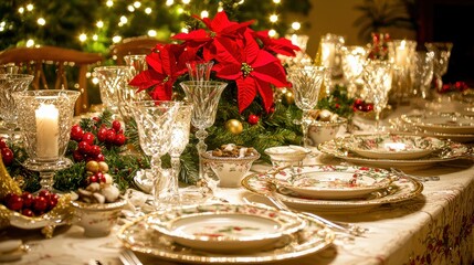 Fototapeta premium Christmas dinner table set with festive decorations, elegant tableware, and holiday-themed accents. The setting includes a beautifully arranged table with candles, plates, glasses