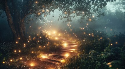 Fototapeta premium A winding, enchanted trail through a lush, magical forest with gentle, glowing lights and soft, dreamy fog.