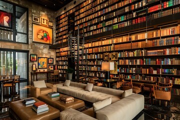  A luxury lobby with an extensive library wall, filled with antique books and contemporary art pieces, complemented by cozy reading nooks. 