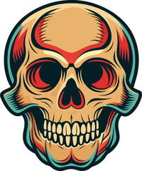 A black and white drawing of a skull with a black outline