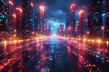 Fototapeta premium Abstract digital background with neon lights and glowing squares. 