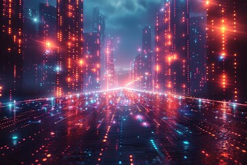 Obraz premium Abstract digital background with neon lights and glowing squares. 