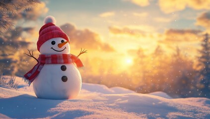Fototapeta premium Cute Snowman with Scarf and Hat in a Snowy Sunset, Holiday Season