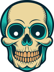 A black and white drawing of a skull with a black outline