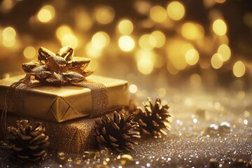 Golden Christmas Presents with Pine Cones and Bokeh Lights