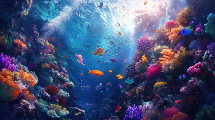 A mesmerizing scene of colorful fish exploring the depths of a thriving coral reef.