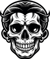 A black and white drawing of a skull with a black outline