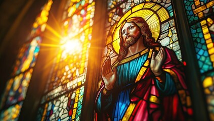 Fototapeta premium Stained Glass Window Featuring Jesus Christ in Prayer, Church Art