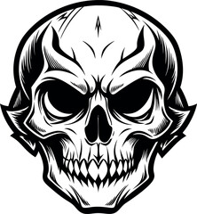 A black and white drawing of a skull with a black outline