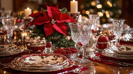 Christmas dinner table set with festive decorations, elegant tableware, and holiday-themed accents. The setting includes a beautifully arranged table with candles, plates, glasses