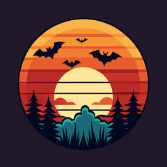 Halloween Sunset with Bats and Moon T-Shirt Design