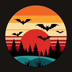 Halloween Sunset with Bats and Moon T-Shirt Design