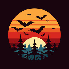 Halloween Sunset with Bats and Moon T-Shirt Design