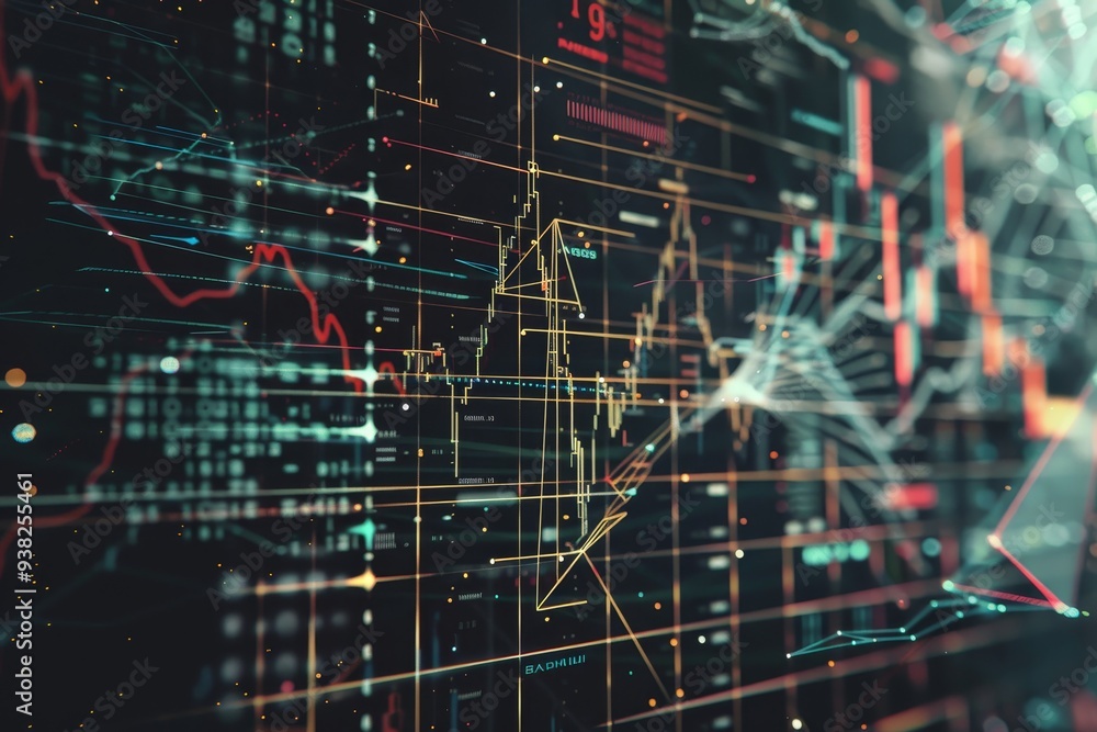 Poster computer screen with lot of daton it, geometric pattern representing the mathematical formulas used in stock market analysis