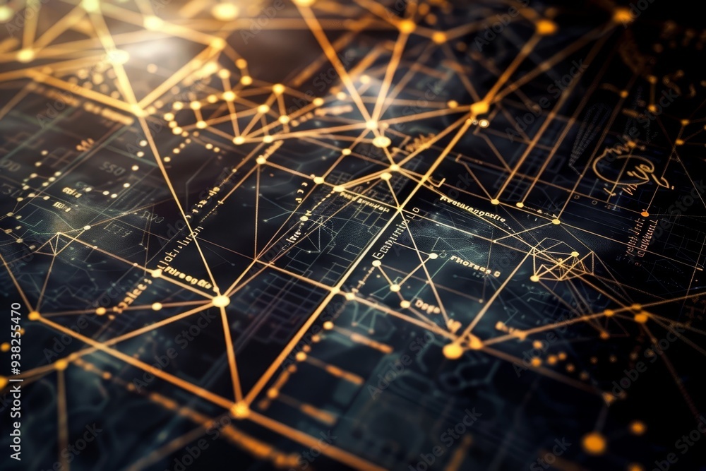 Poster computer screen with lot of daton it, geometric pattern representing the mathematical formulas used 