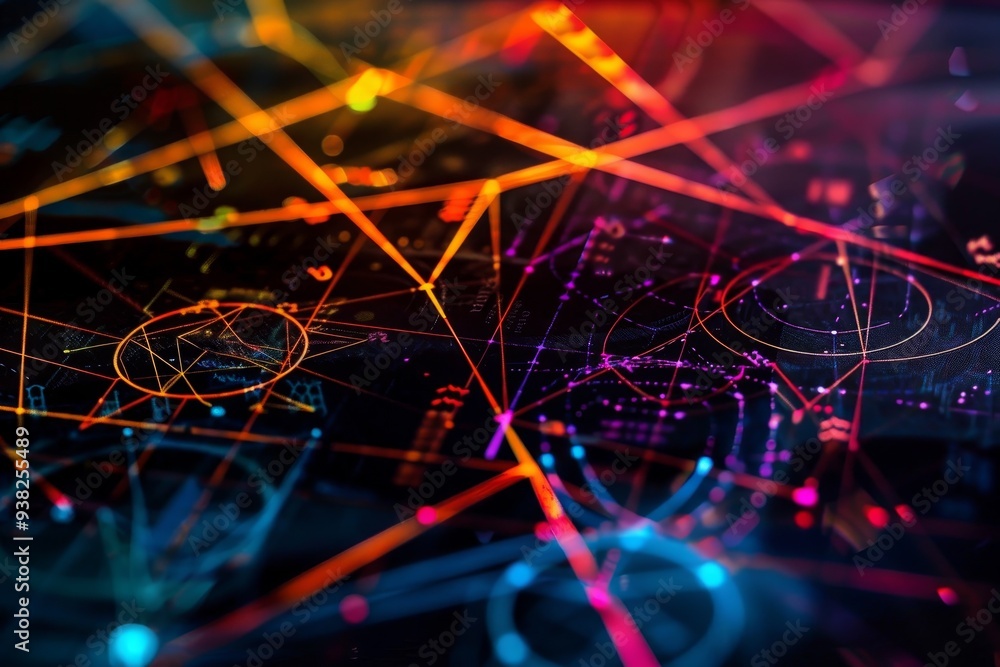 Poster computer screen with lot of daton it, geometric pattern representing the mathematical formulas used 
